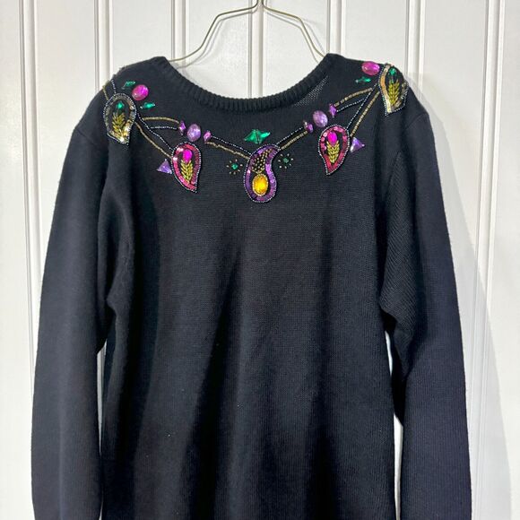 Vintage R&K Dress Women Size Medium Sweater Navy Blue Sequin Midi Long Sleeve - Picture 1 of 6